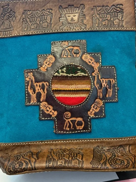 Handcrafted Peruvian Handcrafted Turquoise & Brown Embossed Crossbody Bag - Picture 2 of 12